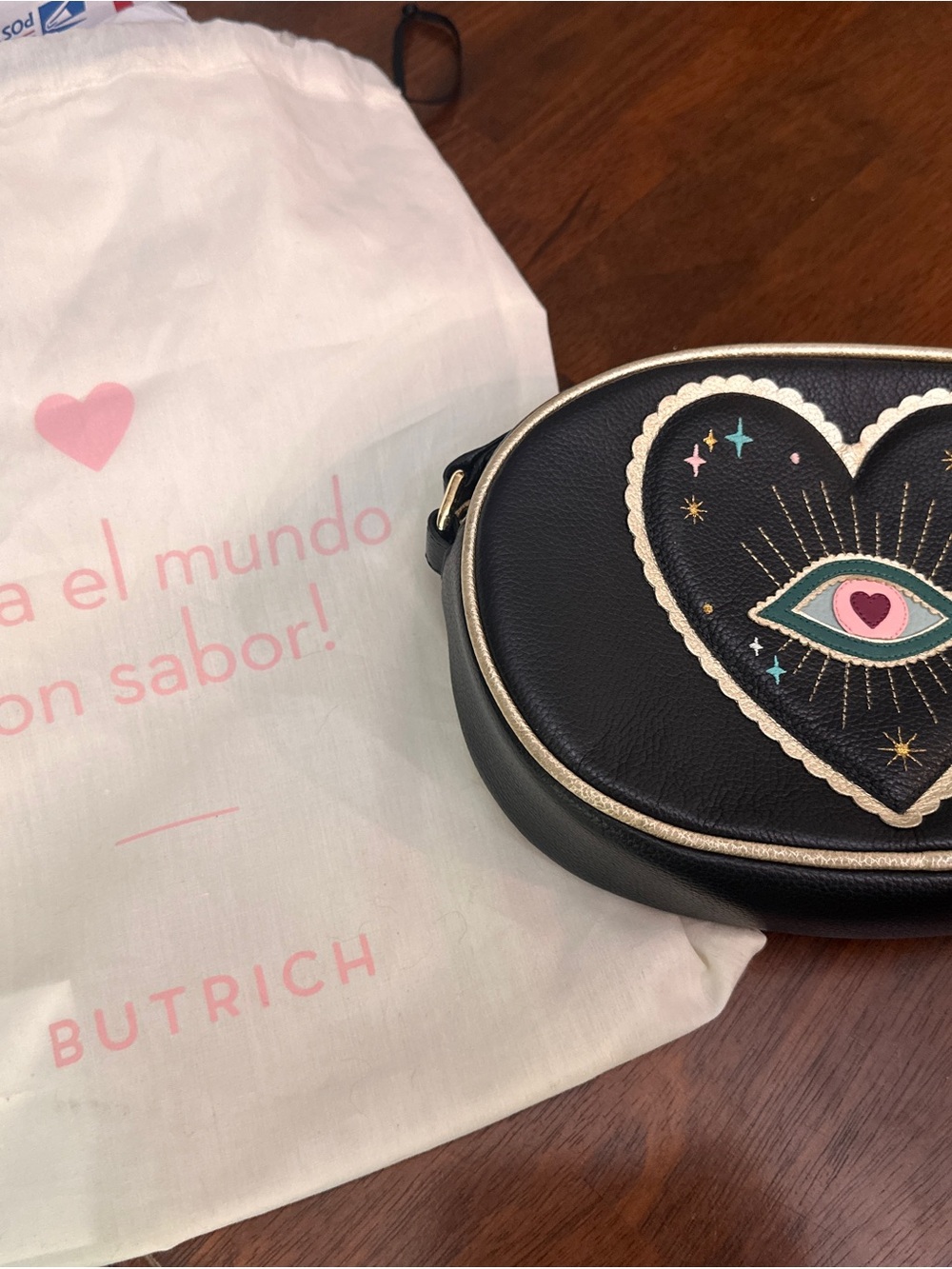 BUTRICH Black Heart Evil Eye Crossbody Bag with Gold Trim & Dustbag